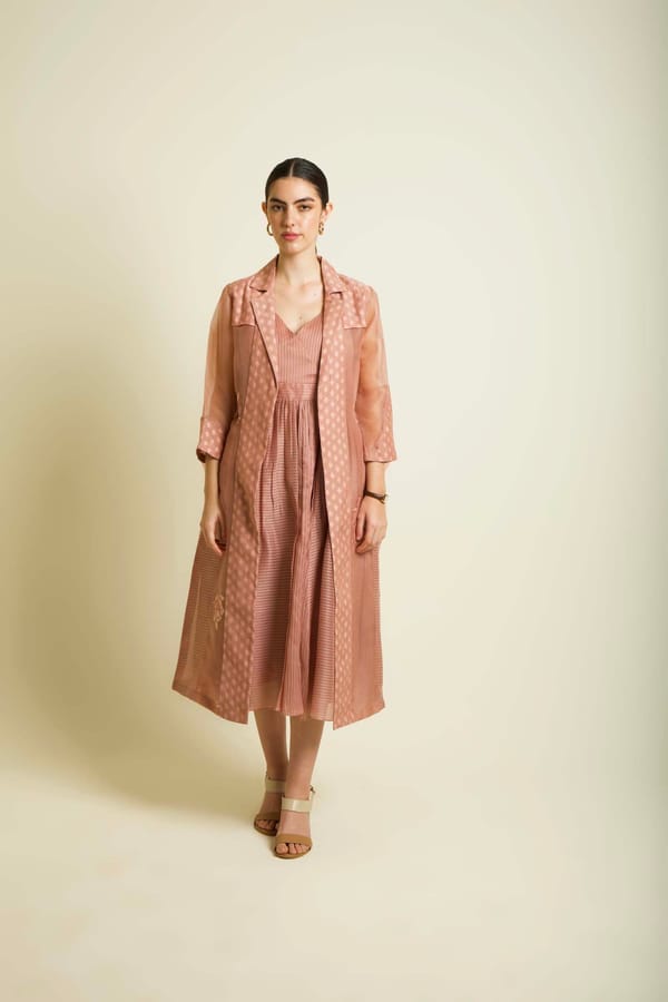 Almond Stripe Organza Midi Dress Set with Longline Jacket — Arcvsh Pallavi Singh