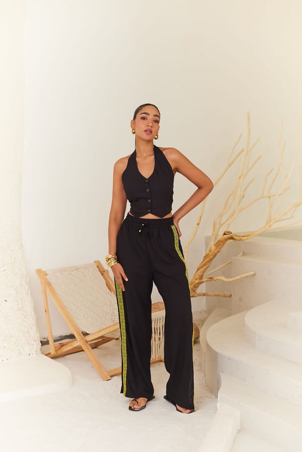 Black Rayon Linen Halter Vest and Wide-Leg Pants Co-ord Set — Urban Suburban