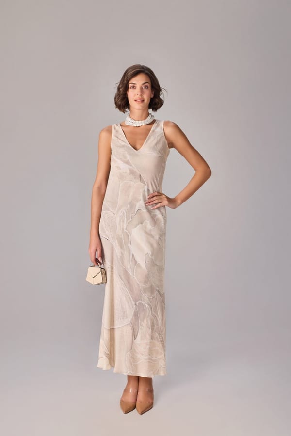 Ivory Abstract Floral Print Crepe Column Maxi Dress — Saaksha and Kinni