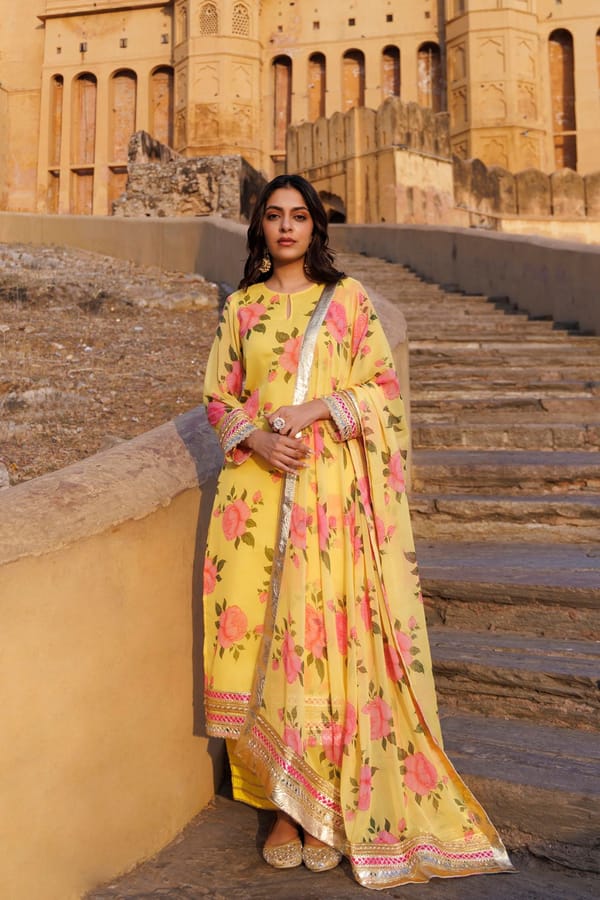 Yellow Floral Printed Chiffon Kurta Set — Bannhi by Priyanka Rathore
