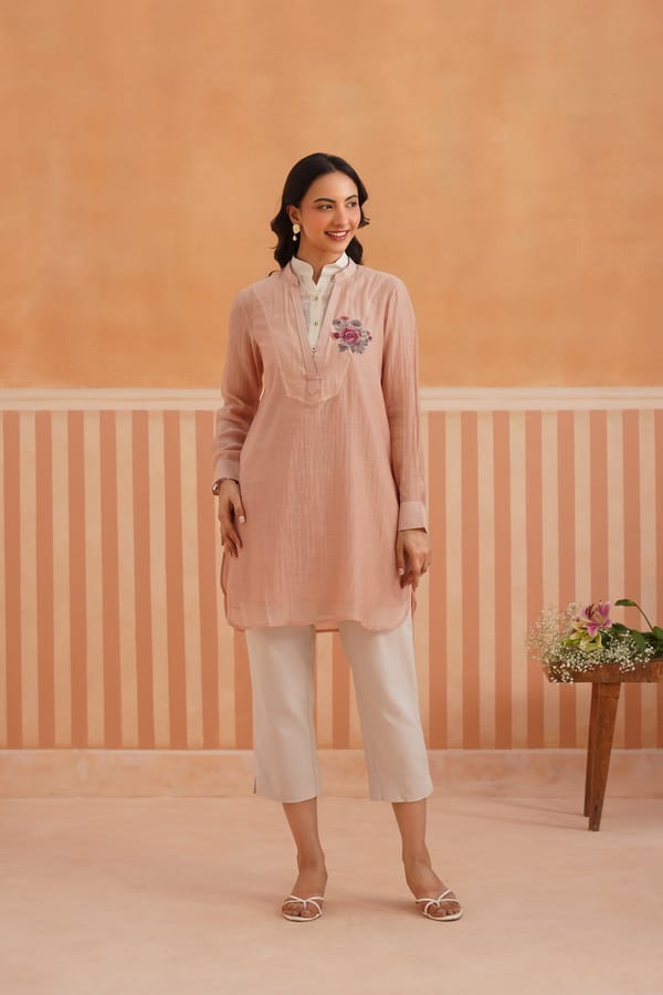 Double Collared Chanderi Tunic with Floral Embroidery — Omi Clothing