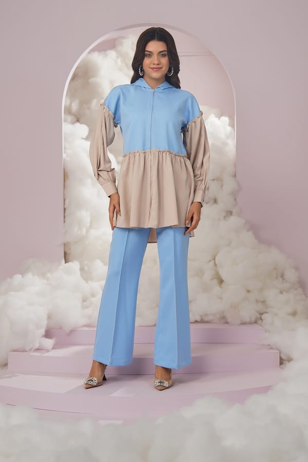 Beige/Blue Hooded Zip-Front Colorblocked Tunic Top — Chöjé