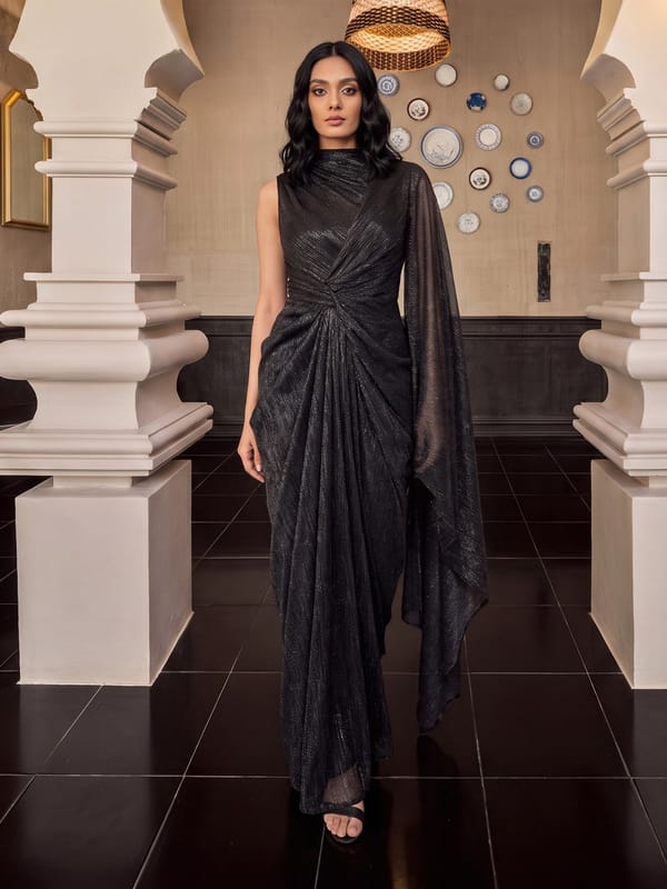 Black Shimmer Pleated Draped Maxi Gown — HOUSE OF FETT