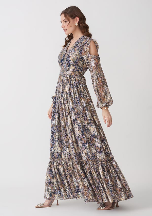 Multicolor Floral Lurex Tiered Maxi Dress — AMOSHI