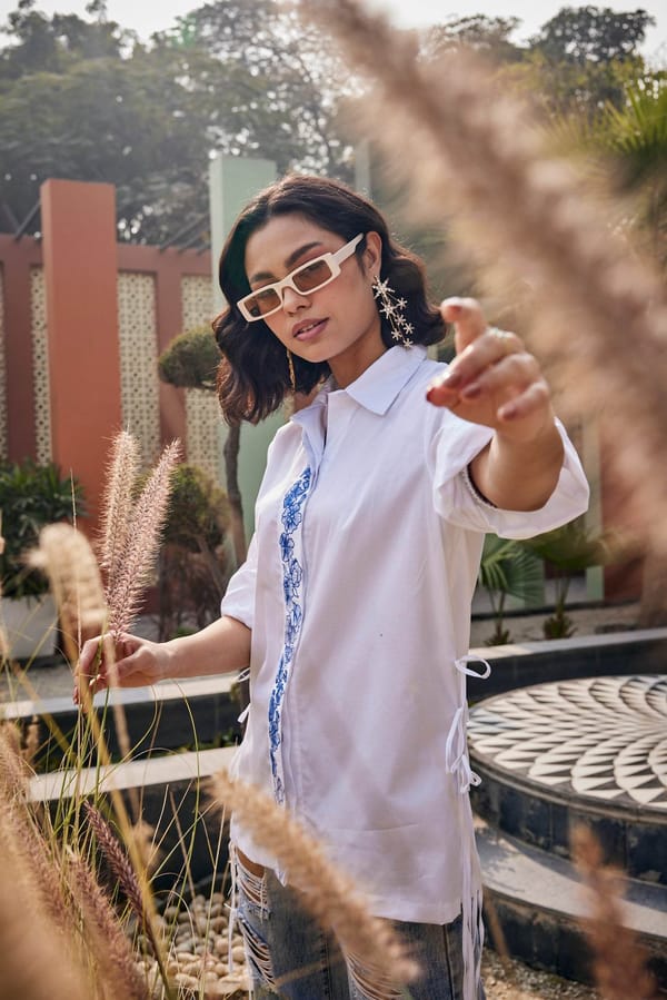 The Indigo Stem White Shirt — Puja Agarwal