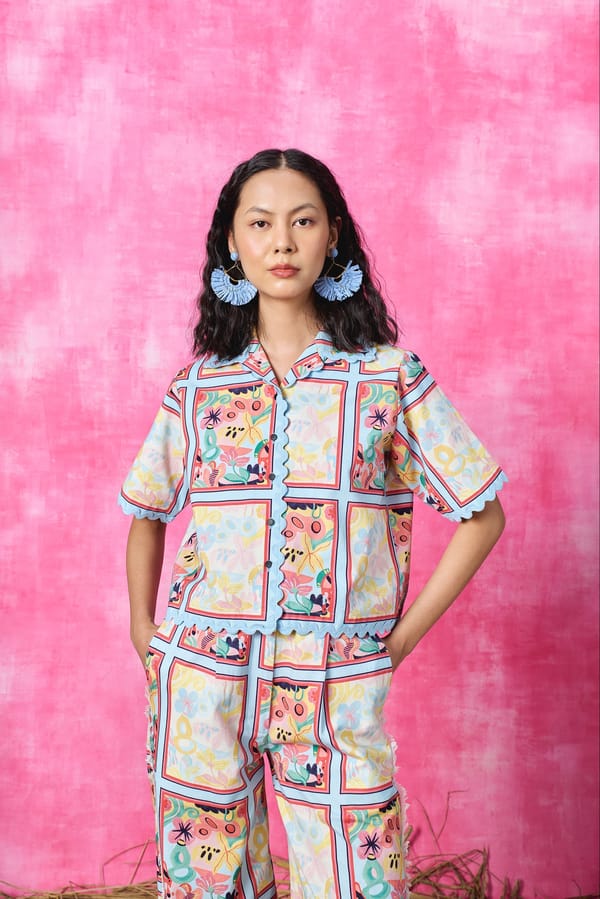 Multicolor Printed Denim Cropped Shirt with Lace Trim — Pocketful Of Cherrie