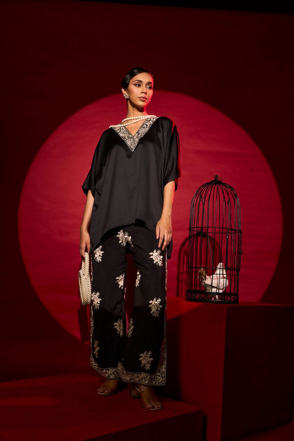 Black Georgette Embroidered Co-ord Set with Slit Pants — TASUVURE