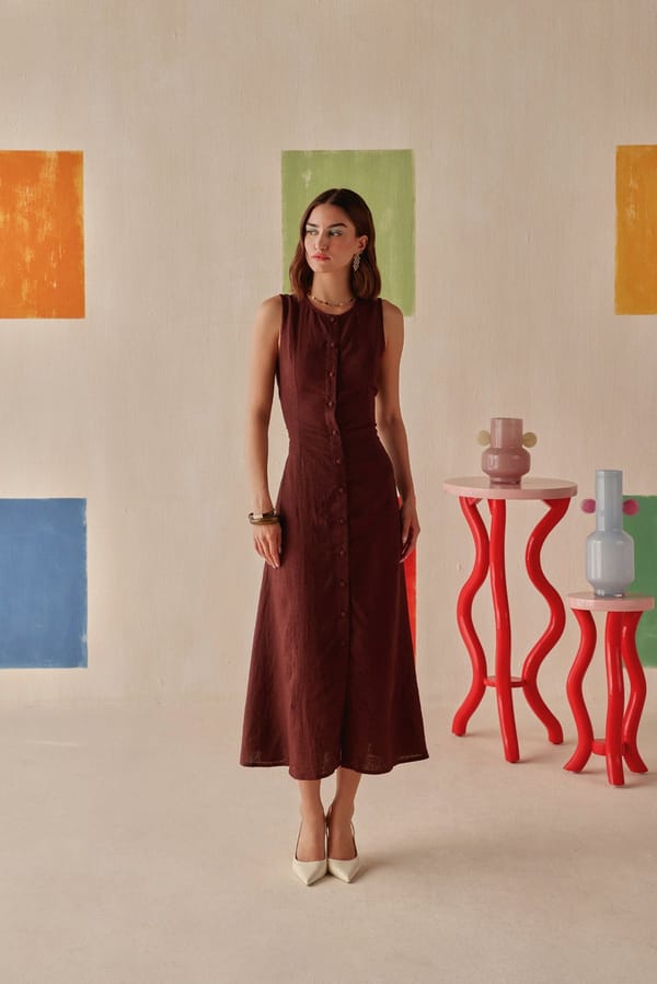 Deep Brown Sleeveless Button-Down Midi Dress — Sage by Mala