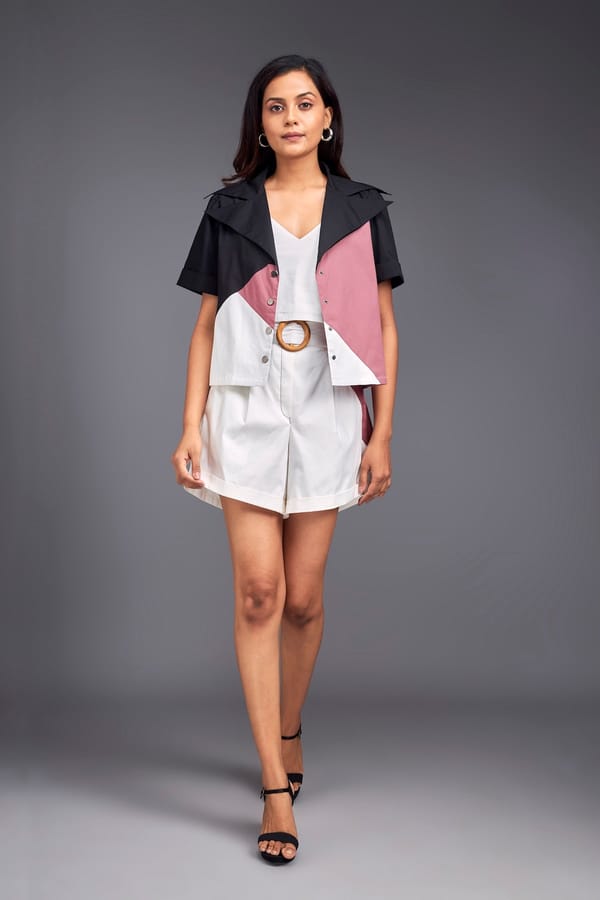 Colour Block Crop Shirt With Shorts Co-ord Set — Deepika Arora