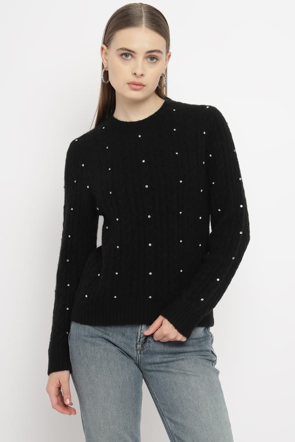 Black Crew-Neck Sweater with Sparkle Details — SALSA JEANS