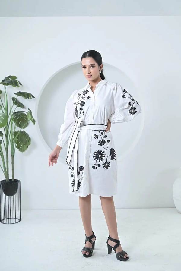 White Belted Shirt Dress with Black Floral Embroidery — RUCHIKA MALLIKA LABEL