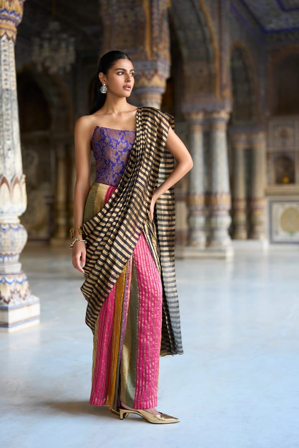 Multicolour Stripe Benares Tissue Sari Drape Skirt — Dash and Dot