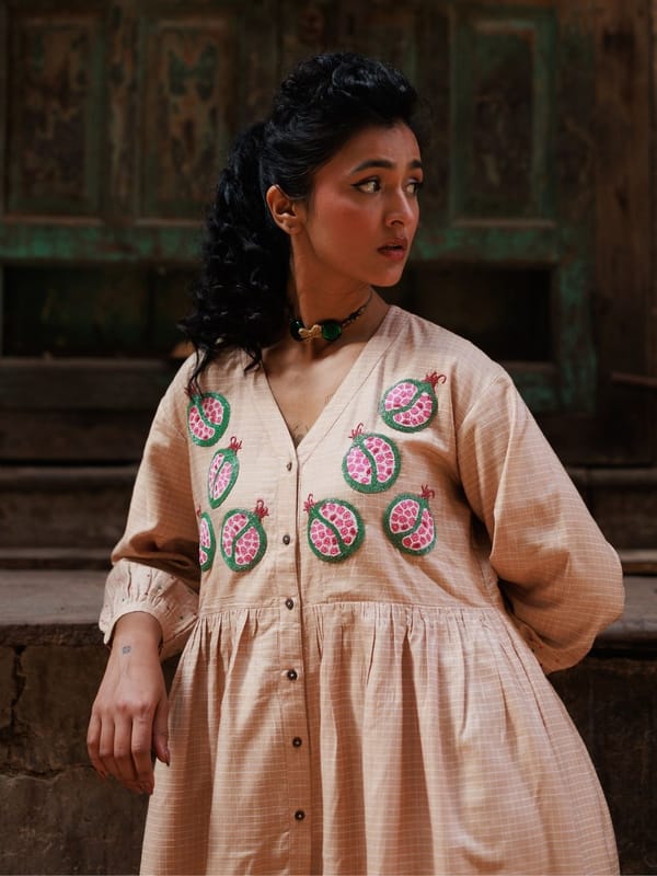 Honey Beige Checked Smock Midi Dress with Embroidery — Winglore Studio