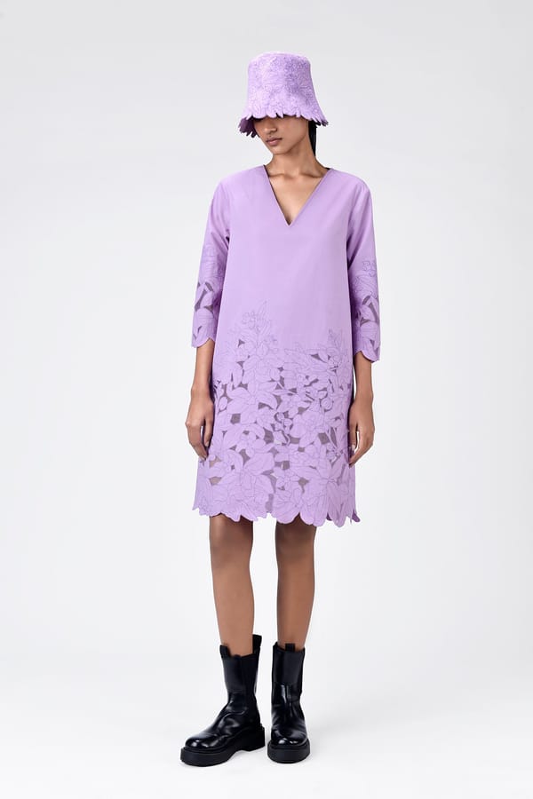 Lavender A-Line Knee-Length Dress with Cutwork Embroidery — Genes Lecoanet Hemant