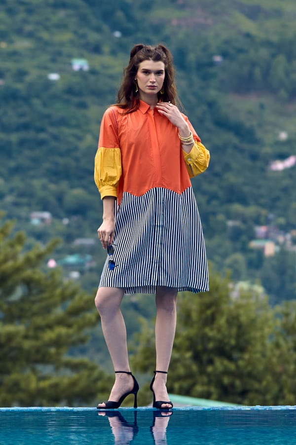 Multicolor Colorblock Midi Shirt Dress with Striped Skirt — KOR