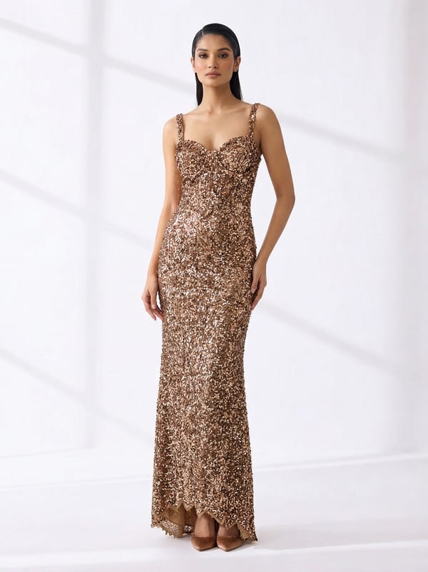 Copper Sequin Sweetheart Neck Maxi Gown — EXPLOSION