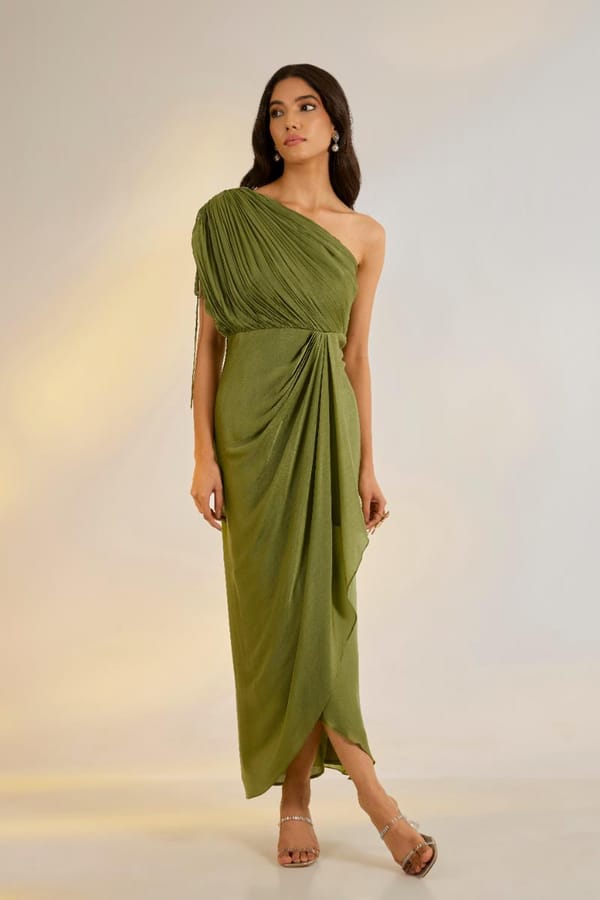 Olive One-Shoulder Draped Maxi Dress — EWOKE STUDIO