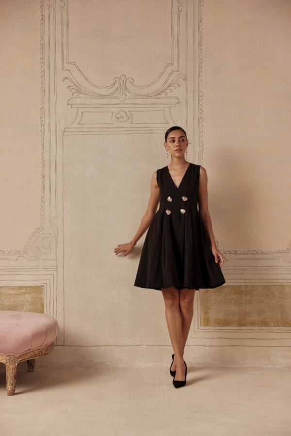 Black Fit and Flare Knee-Length Dress with Gold Buttons — Sage by Mala