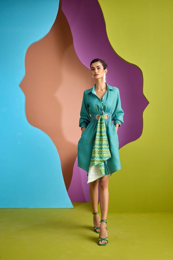 Teal Linen Printed Shirt Dress with Smocked Waist — CUIN