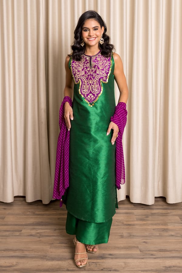 Emerald Green Silk Kurta Set with Embroidered Yoke — Sttavoss