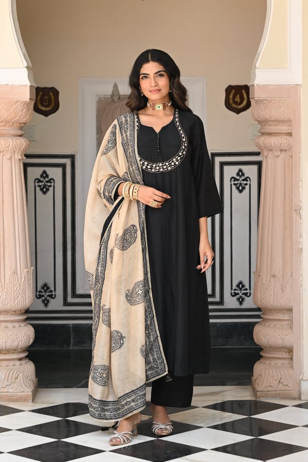 Black Mul Chanderi Beads Tari Work Suit Set — MAHEE JAIPUR