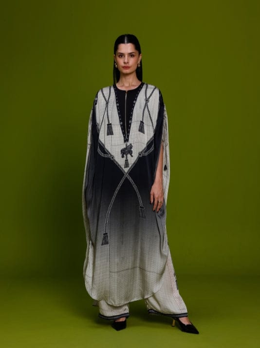 Ivory and Black Cupro Satin Kaftan and Pant Co-ord Set — Kamaali Pret