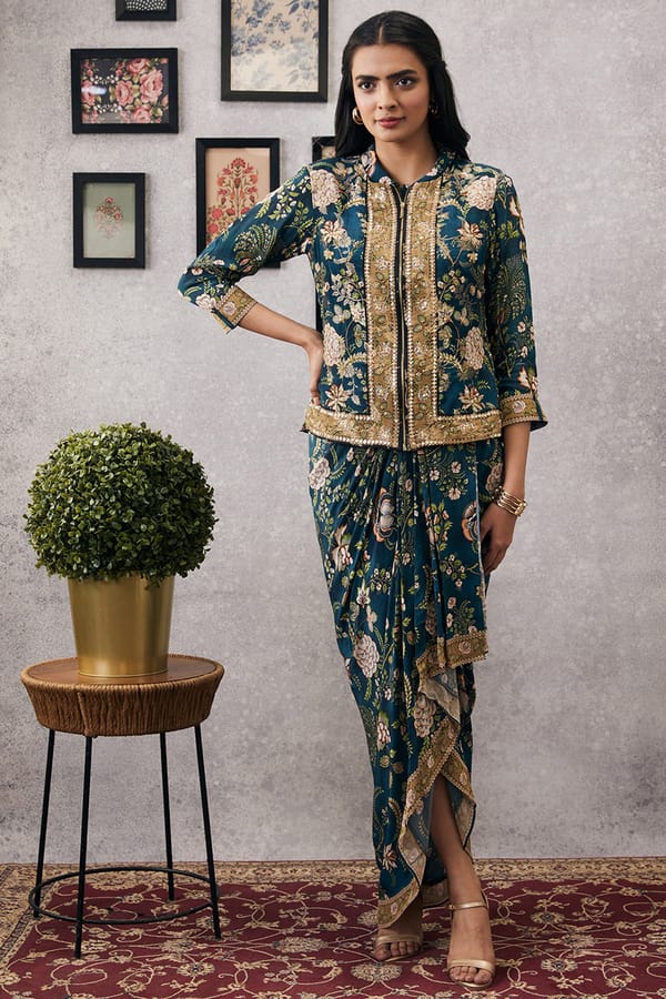 Mehr Printed Drape Dress With Jacket — SOUP by Sougat Paul