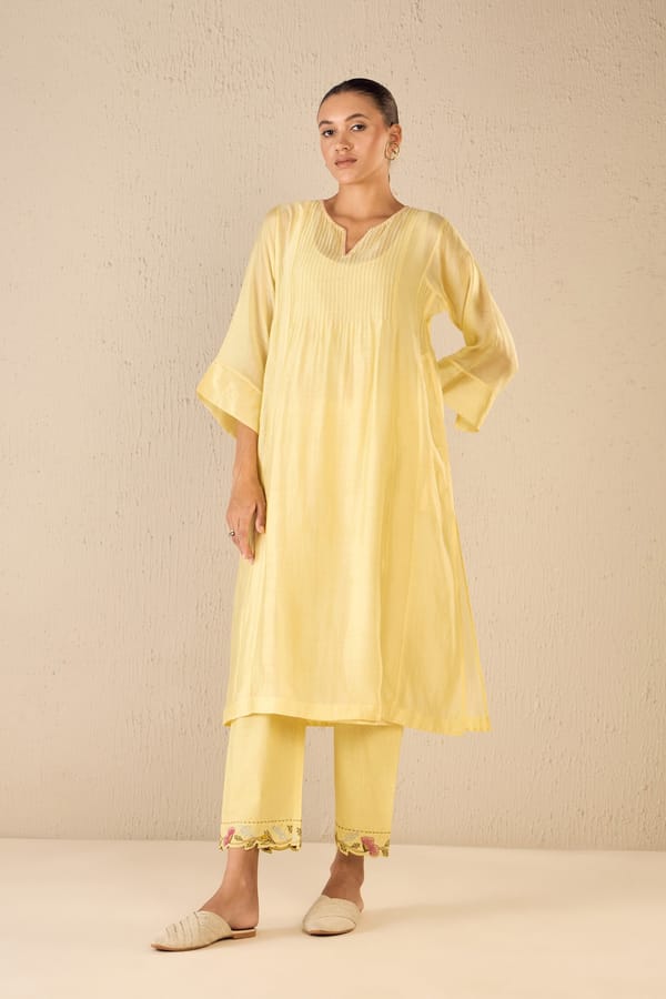 Floral Cream: Yellow Pintuck Choga — SHIVANI BHARGAVA