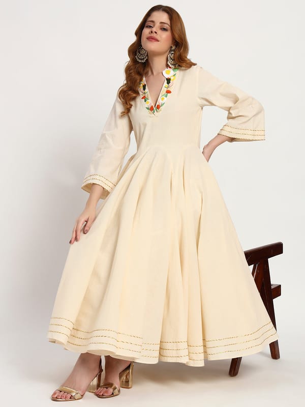 Ivory Organic-Cotton Floral-Neck Anarkali — Gotta Kinari