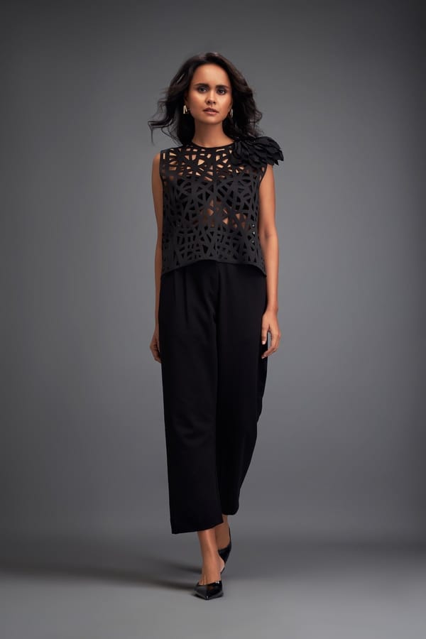 Geometric Cutout Crop Top with Floral Shoulder and Pants — Deepika Arora