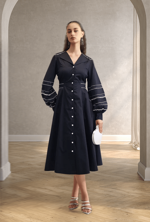Black Cotton Satin Fit and Flare Midi Shirt Dress — Our Love