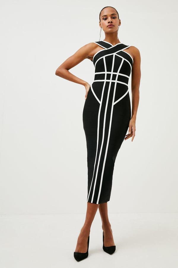 Mono Bandage Knit Bodycon Midi Dress with Contrast Lines — KAREN MILLEN