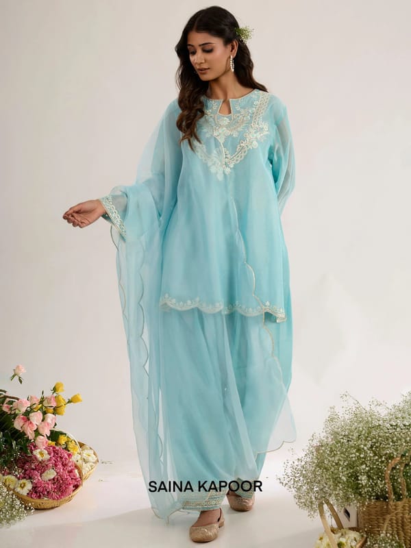 Chanderi Short Kurta with Farsha Salwar & Organza Dupatta — SAINA KAPOOR