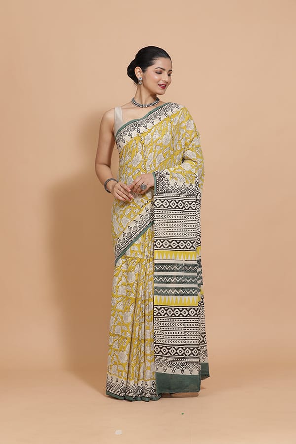 Hand Block Printed Mustard Cotton Mulmul Rozaana — BINKS