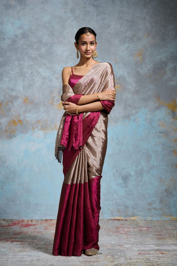 Silver/Pink Metallic Tissue Half-and-Half Saree — Dressfolk