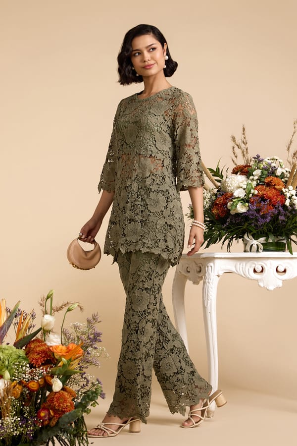 Olive Green Sheer Lace Flared Pants — AVERIE