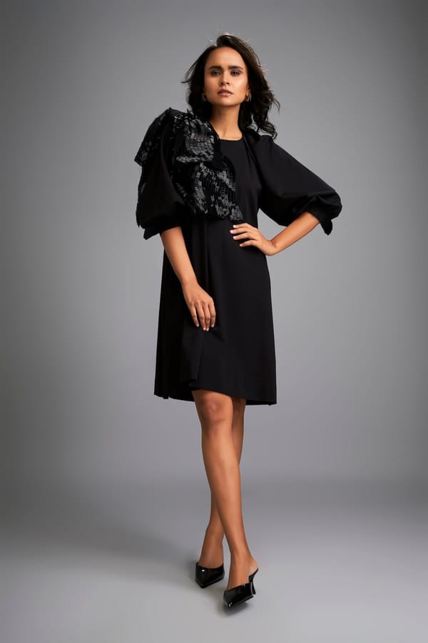 Black A-Line Knee-Length Dress with Shimmer Shoulder — Deepika Arora