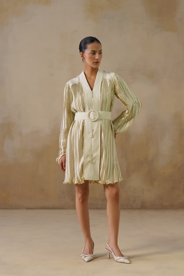 Champagne Gold Pleated Mini Dress with Belt — IERA
