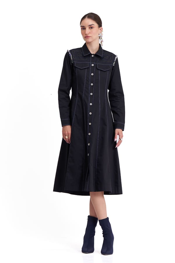 Black Cotton Satin Button-Down Midi Shirt Dress — Our Love