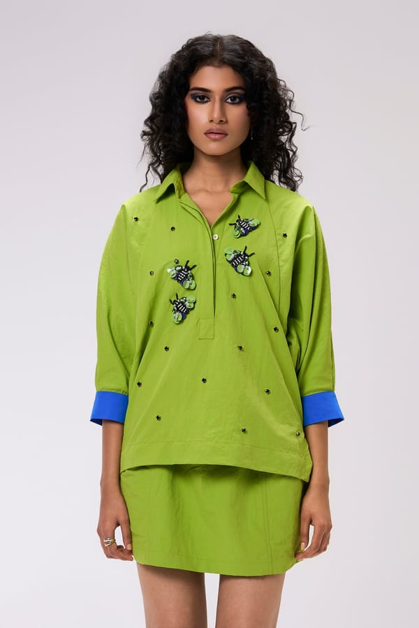 Lime Green Bee-Embroidered Shirt with Contrast Cuffs — KOR