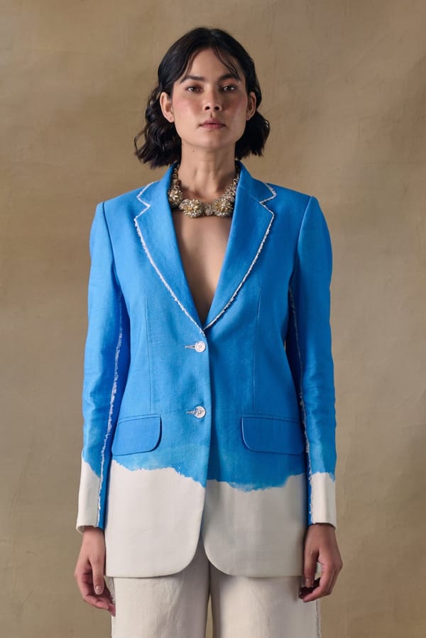 Blue Wash Colorblock Linen Tailored Blazer — Pocketful Of Cherrie