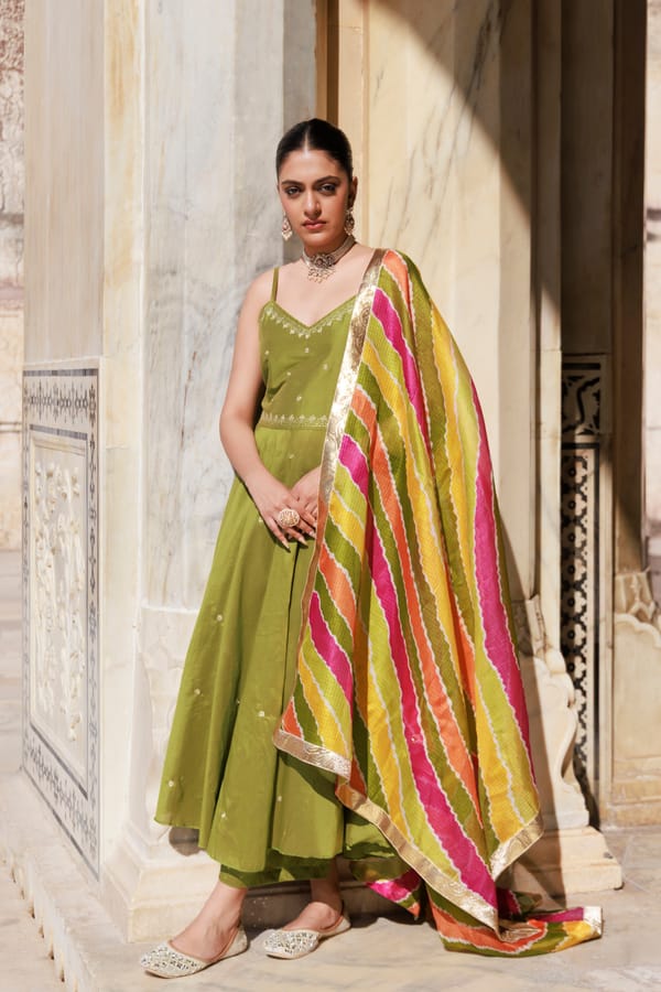 Green Aari Embroidered Dupion Silk Anarkali Set — Bannhi by Priyanka Rathore