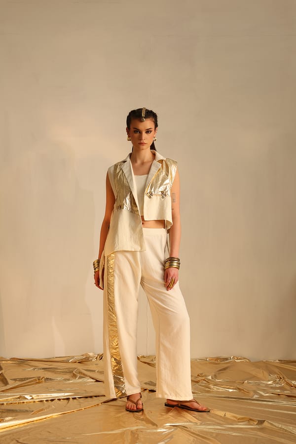 Off-White Gold Foil Blazer Co-ord Set with Palazzo Pants — EnEch