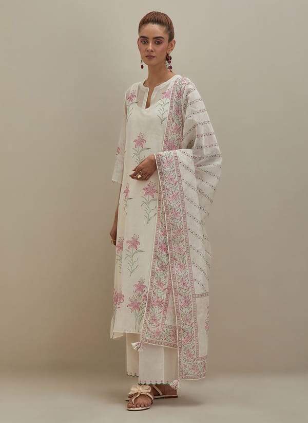 Off White Chanderi Dupatta Block Print — Upavita