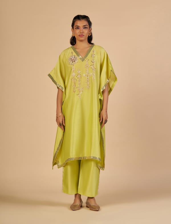 Lime Green Silk Chanderi Kaftan with Gota and Sequins — Gulabo by Abu Sandeep