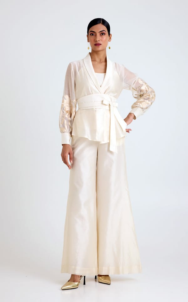 Ivory Wrap Blazer Top and Wide-Leg Pant Co-ord Set — Madder Much