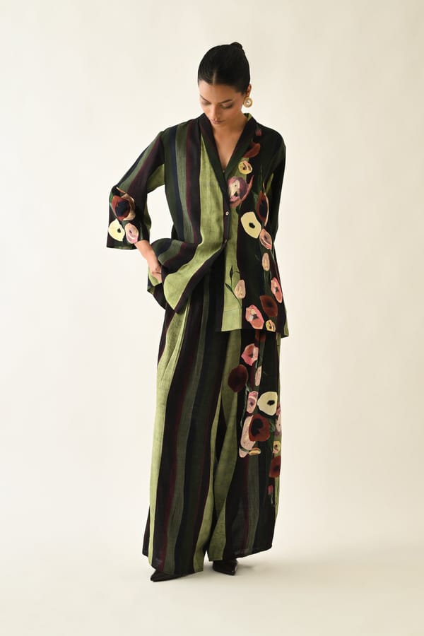 Green Wide-Leg Striped Trousers with Abstract Print — Ofrida