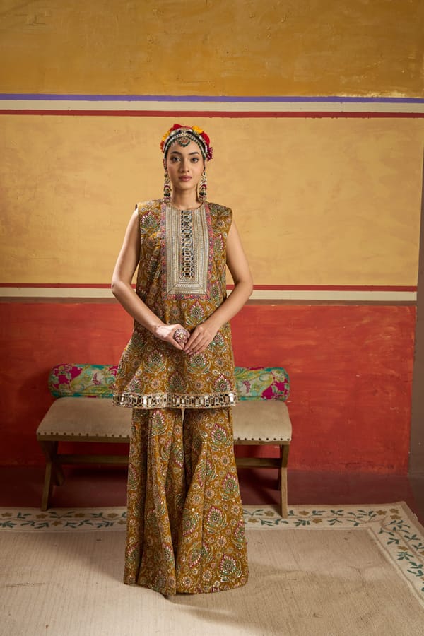 Yellow Paisley Embroidered Kurta and Sharara Co-ord Set — TASUVURE