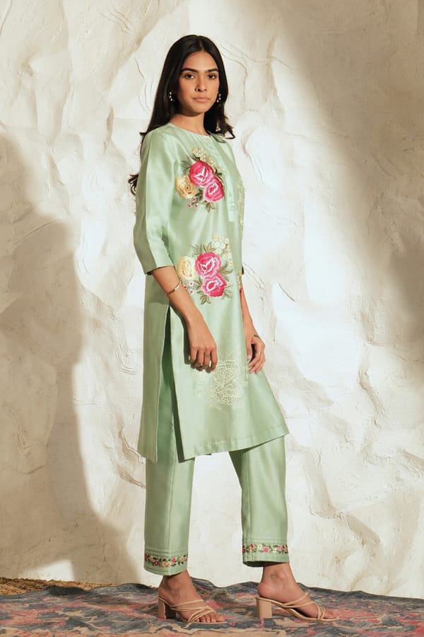 Pastel Green Chanderi Embroidered Straight Kurta Set — SAMATVAM