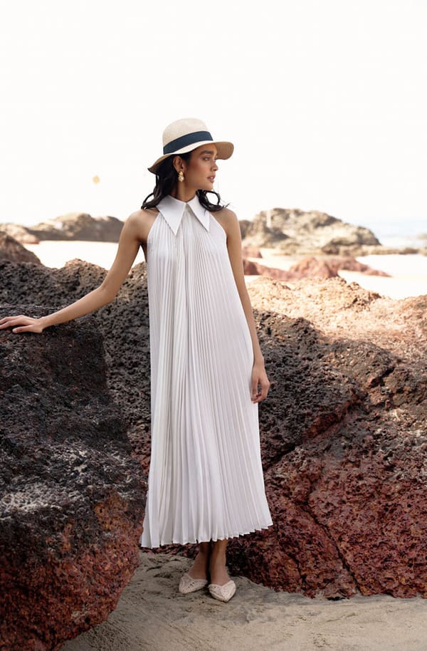 Ivory Sunray Pleated Sleeveless Collared Midi Dress — Dash and Dot